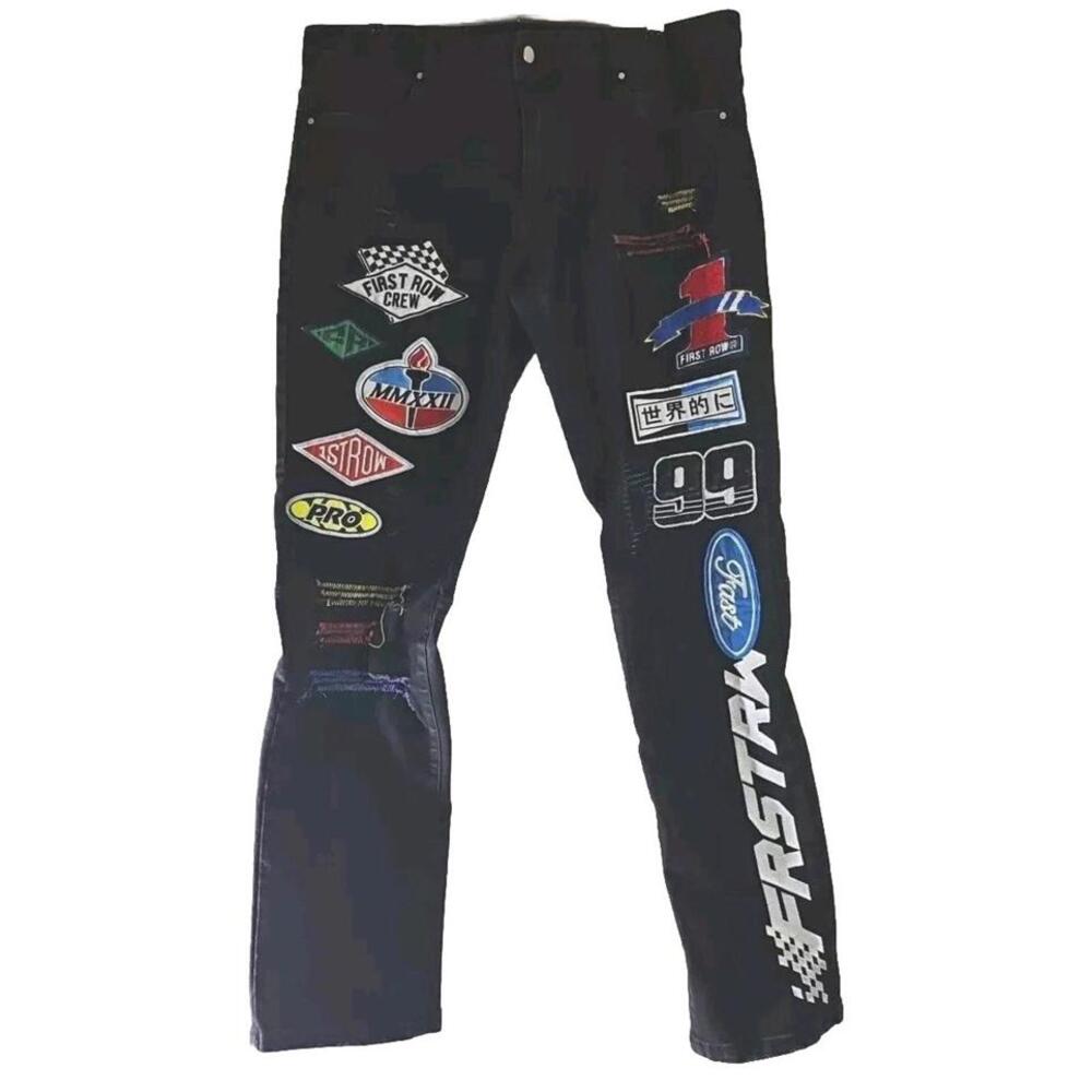First Row Men's  Designer Skinny Jeans w/ Racing Patches Size W 38XL32.